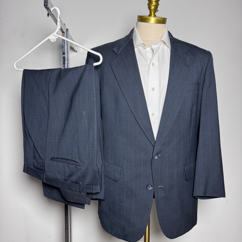 Hart Schaffner Marx Suit Mens 41R 34x26.5 Navy Blue‎ Pinstripe Wool 2-Button f01